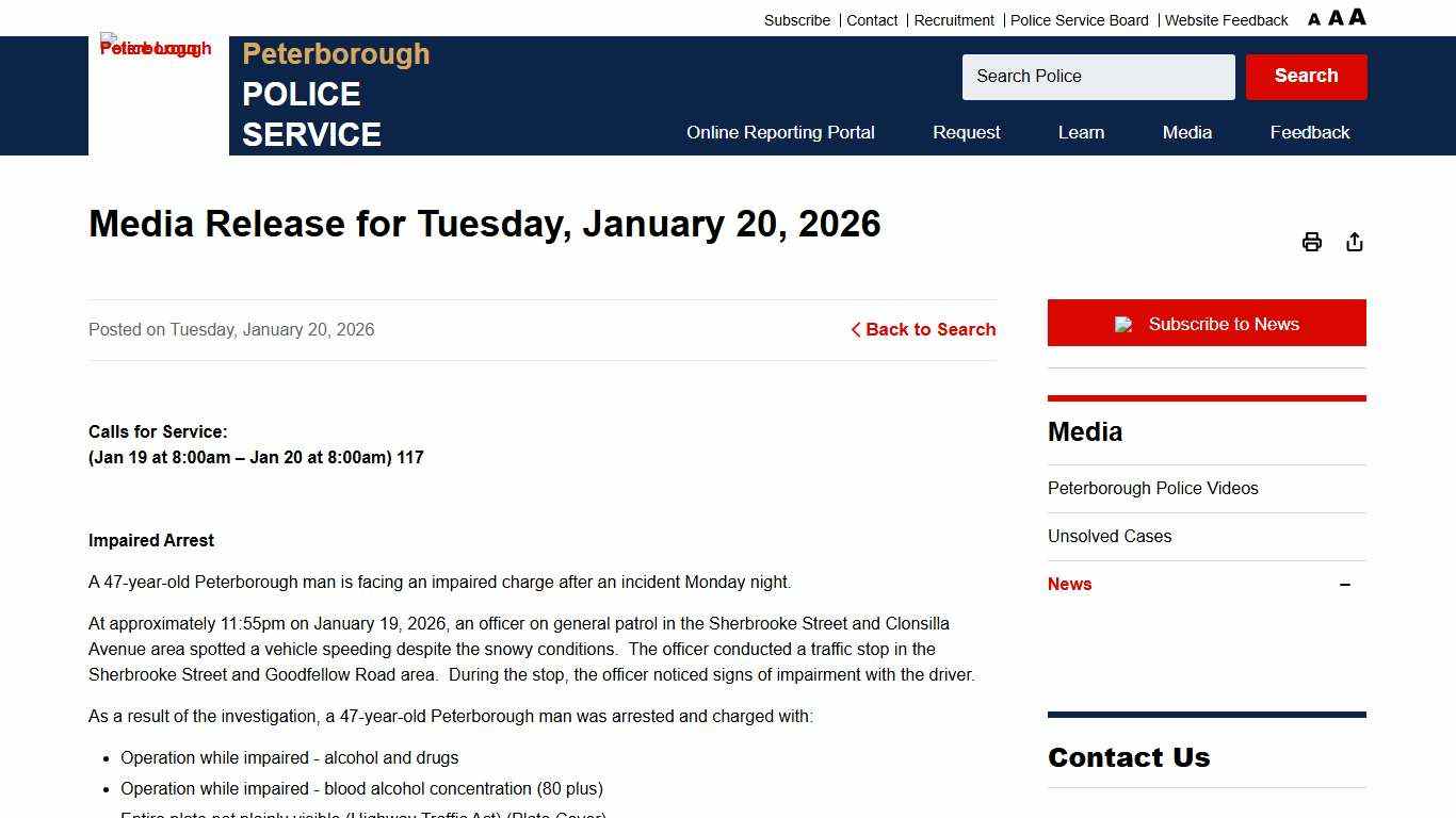 Media Release for Tuesday, January 20, 2026 - Peterborough Police
